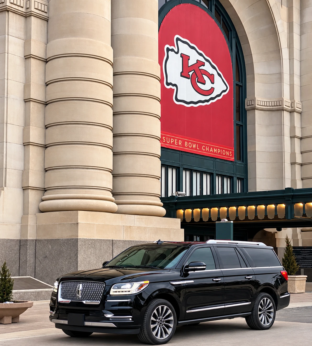 Black Lincoln Navigator outside Kansas City Union Station beneath a Chiefs banner